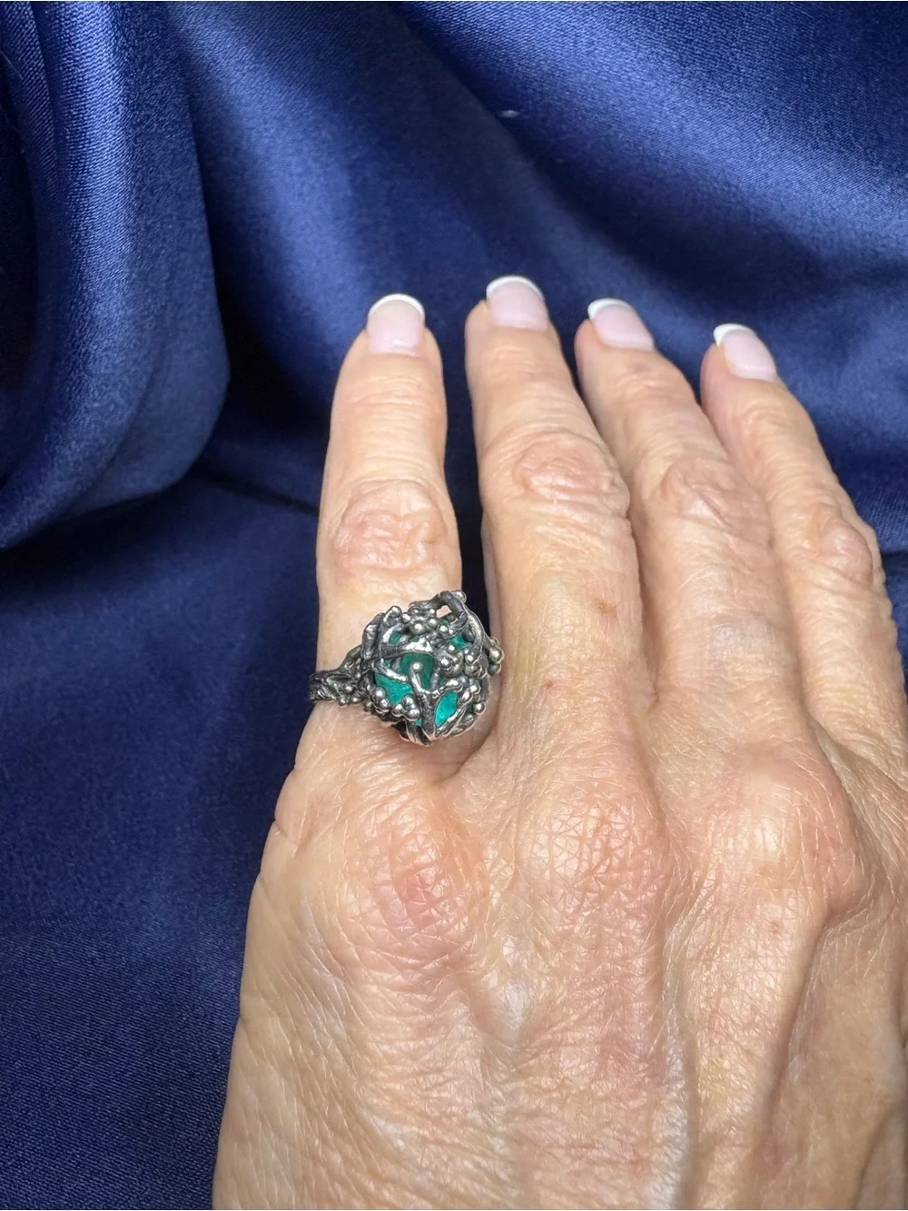 Ring Artisan Sterling Silver Cage Gorgeous Kashmir Emerald Gemstone